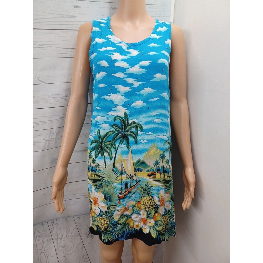 Colorful Hawaiian Dress Sz L Embellished Beaded Palms Floral Pineapple Sequins